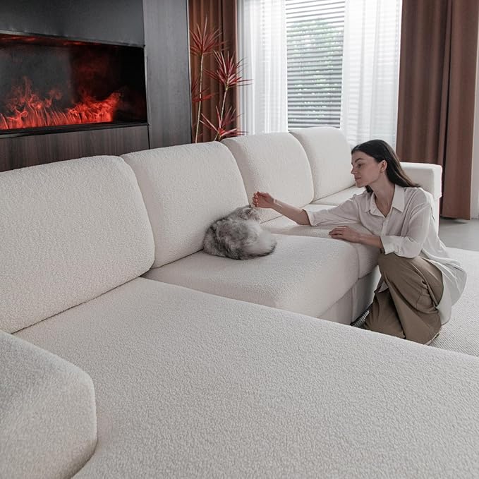 Couch Cushion Covers for Sectional Sofa, Stretch Soft Sofa Slipcovers Washable Wear-Resistant Universal Furniture Protector for Living Room(1 Piece Chaise Cover, Ivory)