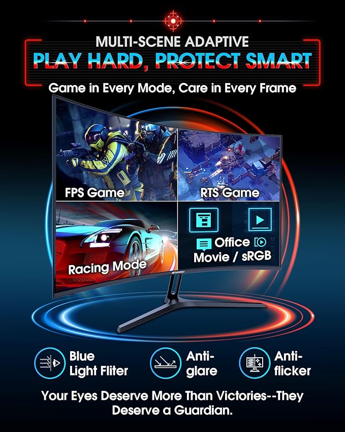 SANSUI 27 Inch Curved 240Hz Gaming Monitor FHD 1080P, 1500R Curve Computer Monitor, 130% sRGB, 4000:1 Contrast, HDR, FreeSync, MPRT 1Ms, Low Blue Light, HDMI DP Ports, Metal Stand, DP Cable Incl.
