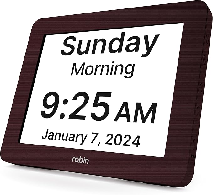 Robin 2024 Digital Calendar Clock for Elderly, Seniors & Dementia - Extra Large Mahogany Bedside Clock