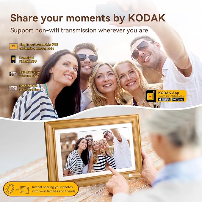 Kodak 14.1 Inch Smart WiFi Digital Picture Frame 1920x1080 Touch Screen, Auto-Rotate, Built in 32GB Memory, Share Photos and Videos for Anywhere Anytime, for Friends and Family (Wood)