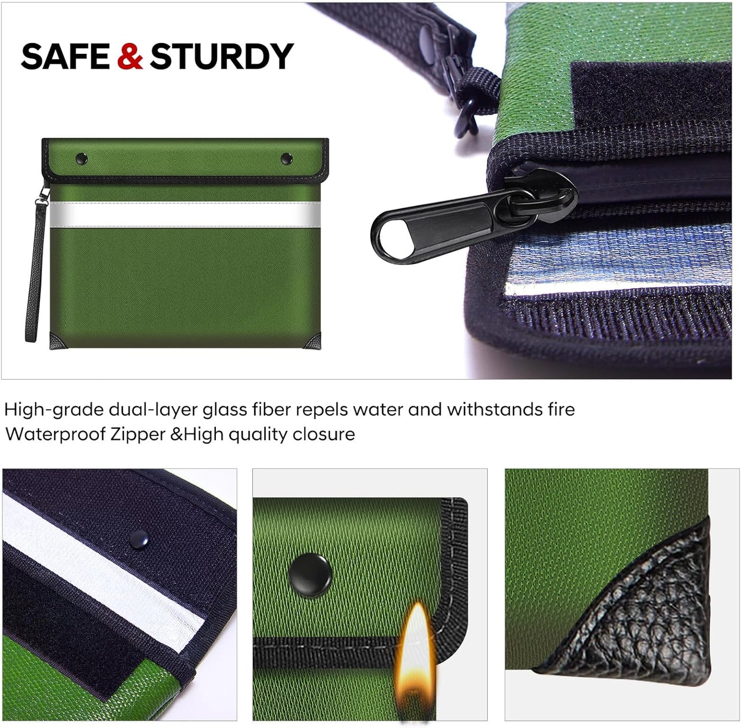 Upgraded 5200°F Heat Insulated Fireproof Money Bag with 8 Layers of Protective Material,13.9”x10.6” Fire Proof Bag for Documents with Zipper,Fireproof Pouch for Cash,Jewelry(Green)