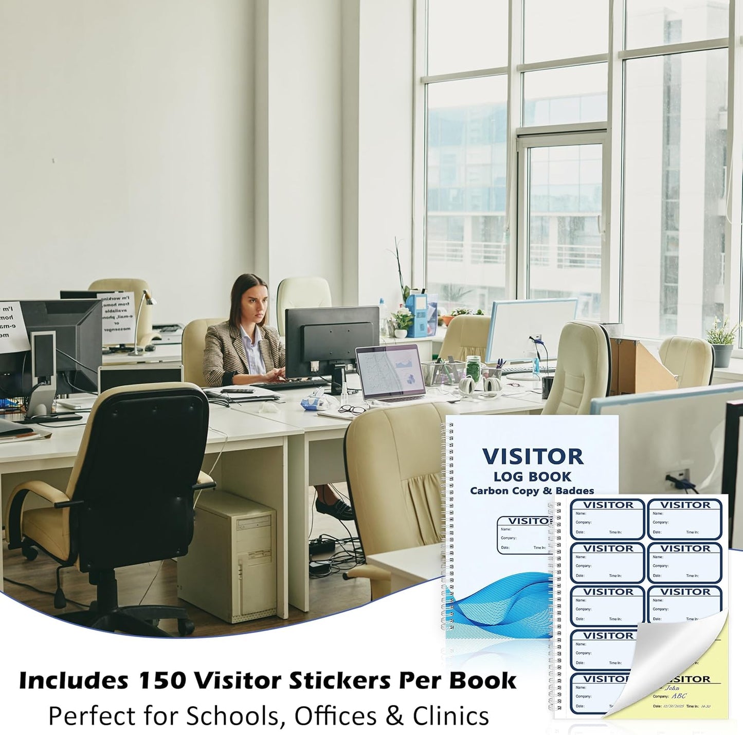 3 Pack of 450 Visitor Log Book Visitor Badges Registry Log with Carbon Copy Visitor Stickers Letter Size Extras Protecting Privacy Pages Spiral Bound Self Visitor Badges Guest Register Book (3)