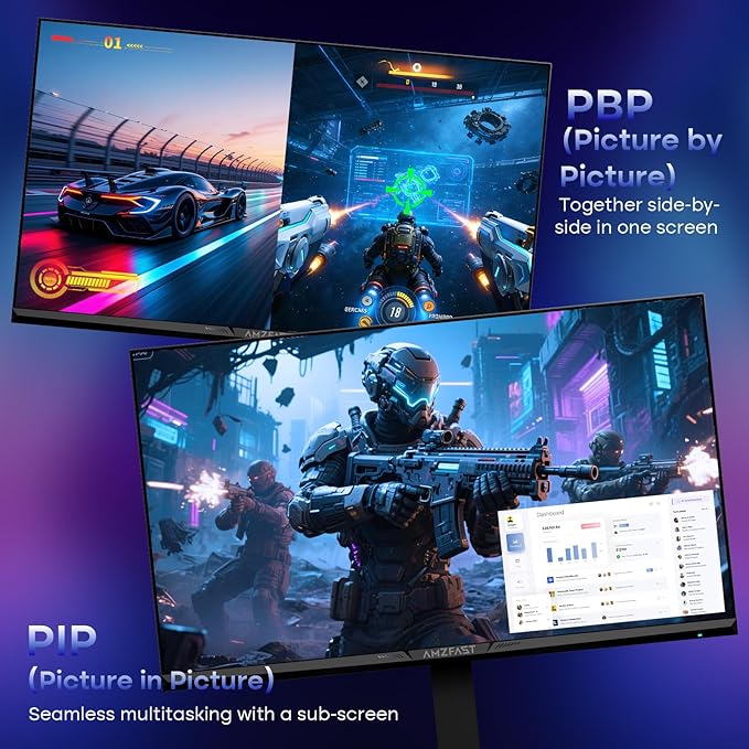 Amzfast 27’‘ 4K Gaming Monitor HDR 400, UHD 160Hz 144Hz | FHD 320Hz 300Hz Dual Mode PC Monitor, Built-in Speakers 1ms Fast IPS, 126% sRGB PIP/PBP, 2* HDMI 2.1 & 2* DP 1.4 VESA (HDMI DP Dual Cables)