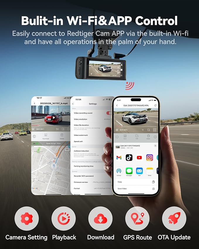 REDTIGER 4K Dash Cam Front and Rear, STARVIS 2 Sensor, 64GB Card Included, 4K/2.5K+1080P Dual Dash Camera for Cars Built-in WiFi GPS, 3.18 Inch IPS Screen, 170° Wide Angle, Parking Monitor (F7N Pro)