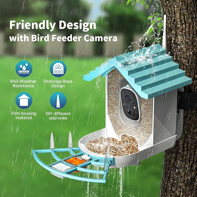 Smart Bird Feeder with Camera Solar Powered & AI Bi rd Identification, 2.4Ghz WiFi Bird feeders for Outdoors, 2K Live Video, Nstant Arrival Alerts - Blue