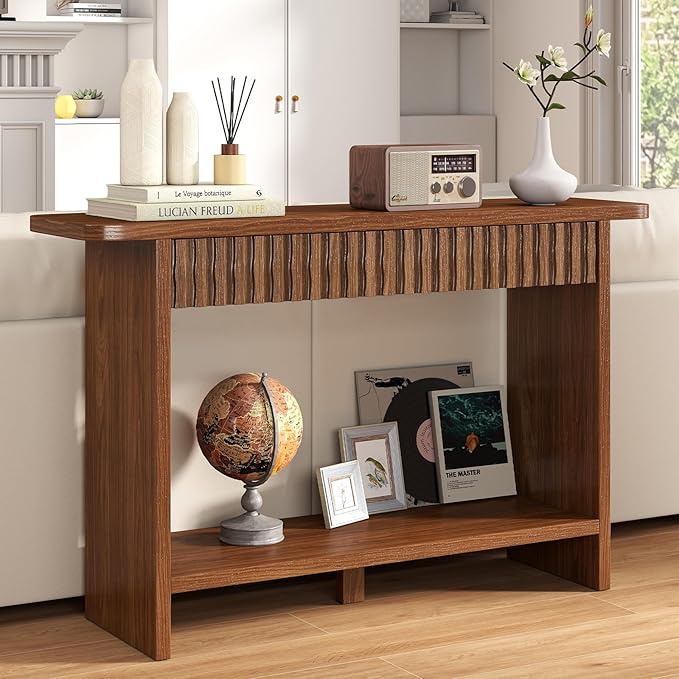 BECHAEO Mid Century Modern Console Table with Drawers, 51" Large 2-Tier Narrow Console Table with Storage Shelf, Sofa Station Behind The Couch, Accent Tables for Entryway, Hallway, Rustic Brown