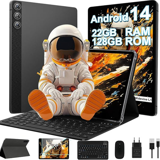 Android 14 Tablet, 2025 Tablets with 10 Inch IPS Incell Screen, 22GB+128GB (1TB Expand), 8000mAh Octa-Core Tablet with Keyboard, Mouse, Case, GPS, BT5.0, Support Widevine L1, Split Screen -Metal Brown