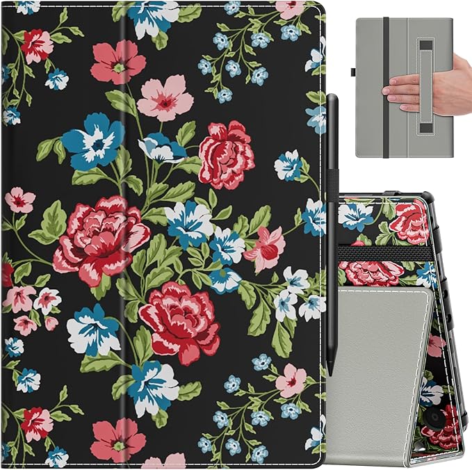 VORI Case for All-New Amazon Kindle Fire HD 10 Tablet (13th/11th Generation 2023/2021 Release) and Fire HD 10 Plus - Slim Folding Stand Folio Cover with Auto Wake/Sleep & Hand Strap, Rose Floral