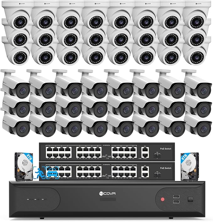 4COVR 4K 64 Channel Security Camera System PoE Human/Vehicle Detection, UtraHD 8MP NVR 16TB HDD, 24 Dome 24 Bullet 8MP Commercial IP Camera IP67 Night Vision, 24/7 Business Surveillance, LYH37E8M6448