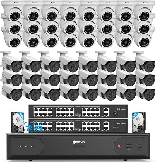 4COVR 4K 64 Channel Security Camera System PoE Human/Vehicle Detection, UtraHD 8MP NVR 16TB HDD, 24 Dome 24 Bullet 8MP Commercial IP Camera IP67 Night Vision, 24/7 Business Surveillance, LYH37E8M6448
