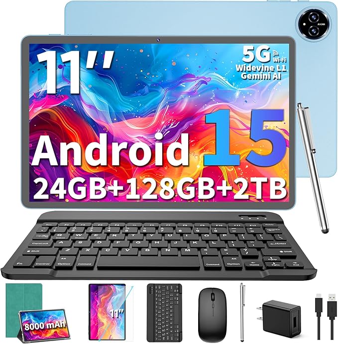 2026 Upgraded Android 15 Tablet, 11 inch Tablets with Keyboard, 24GB+128GB+2TB Expand, Octa-Core, 8000mAh, Gemini AI, 5G/2.4G WiFi, BT5.0, GMS, GPS, 2 in 1 Tablets with Case, Mouse, Stylus(Green)