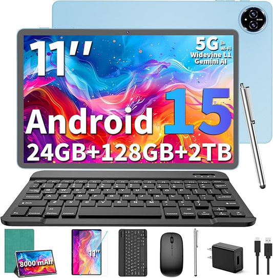 2026 Upgraded Android 15 Tablet, 11 inch Tablets with Keyboard, 24GB+128GB+2TB Expand, Octa-Core, 8000mAh, Gemini AI, 5G/2.4G WiFi, BT5.0, GMS, GPS, 2 in 1 Tablets with Case, Mouse, Stylus(Green)