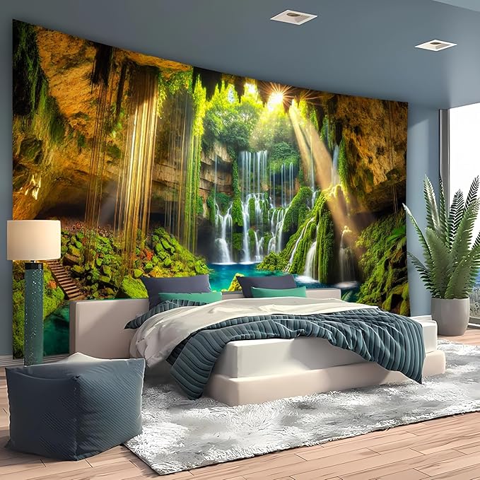 BSFHH Nature Tapestry Forest Tree Sea Cave Wall Hanging, Stream Through Rainforest Landscape Wall Art Tapestry for Bedroom Living room (Cave Waterfall, 110" × 87", Unframed)