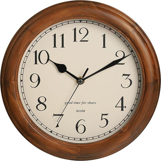 Wooden Wall Clock with Retro Design, 11 Inches Round Wall Clocks Battery Operated Silent Non-Ticking, Big Arabic Numerals, for Kitchen Living Room Classroom Gym and Pool, Brown