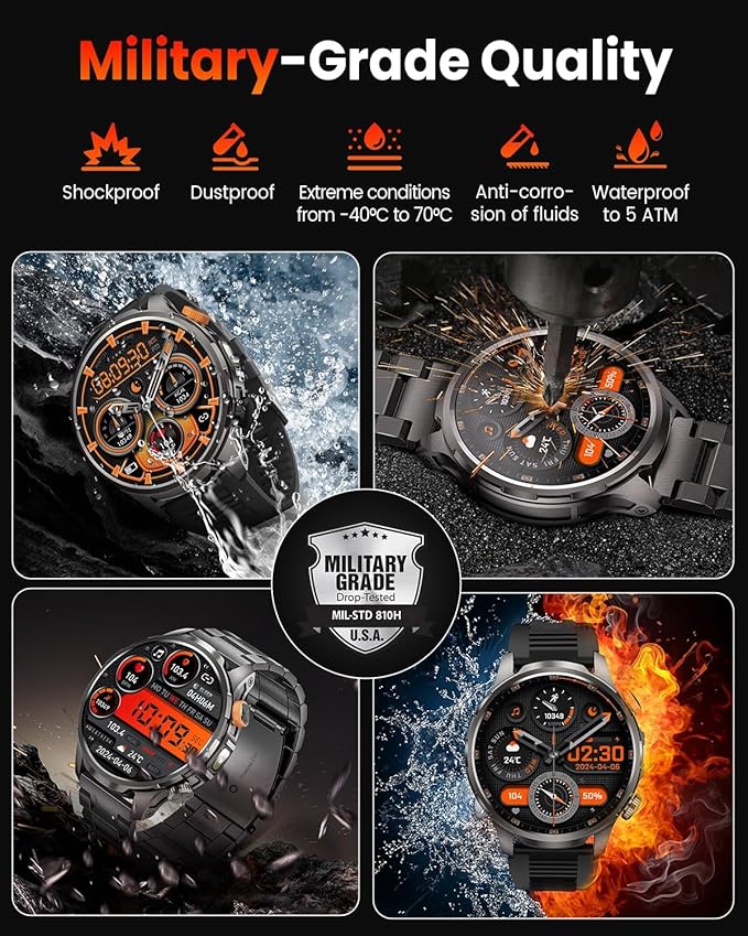 Smart Watches for Men, Military Smart Watch with 100 Days Battery/Flashlight/Heart Rate/Sleep/SpO2 Monitor/Call/110+ Sports Mode, 5 ATM Rugged Men's Fitness Tracker Watch for Android iPhone Compatible