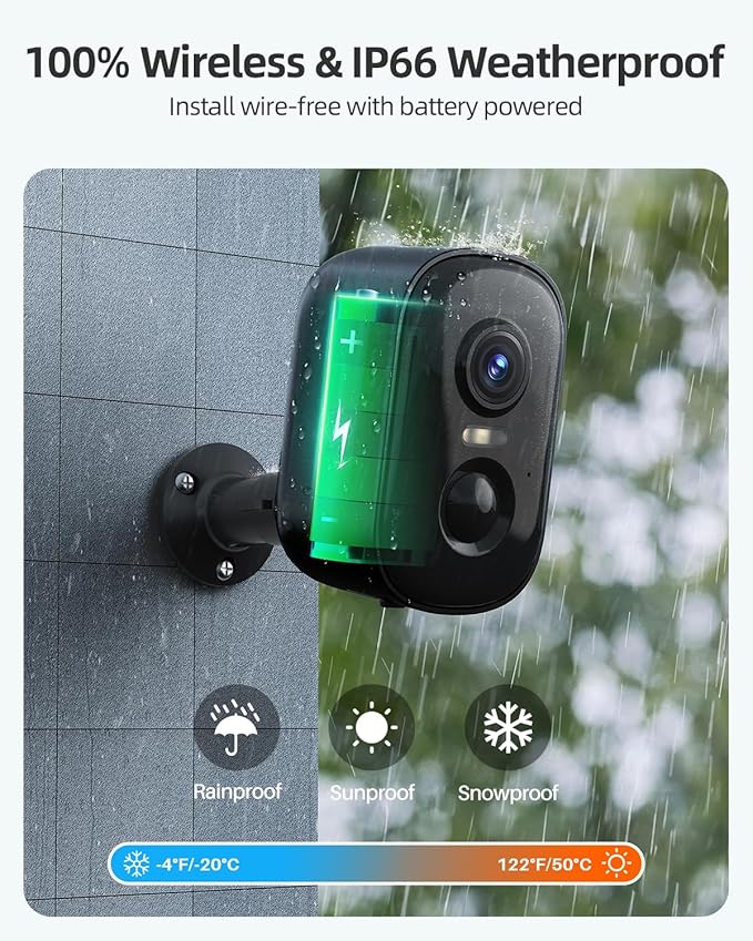 2K Security Cameras Wireless Outdoor, 4 Pack Battery Powered WiFi Cameras for Home Security with AI Motion Detection, Spotlight Color Night Vision, 2-Way Talk, Siren Alarm, IP65, Cloud/SD Storage