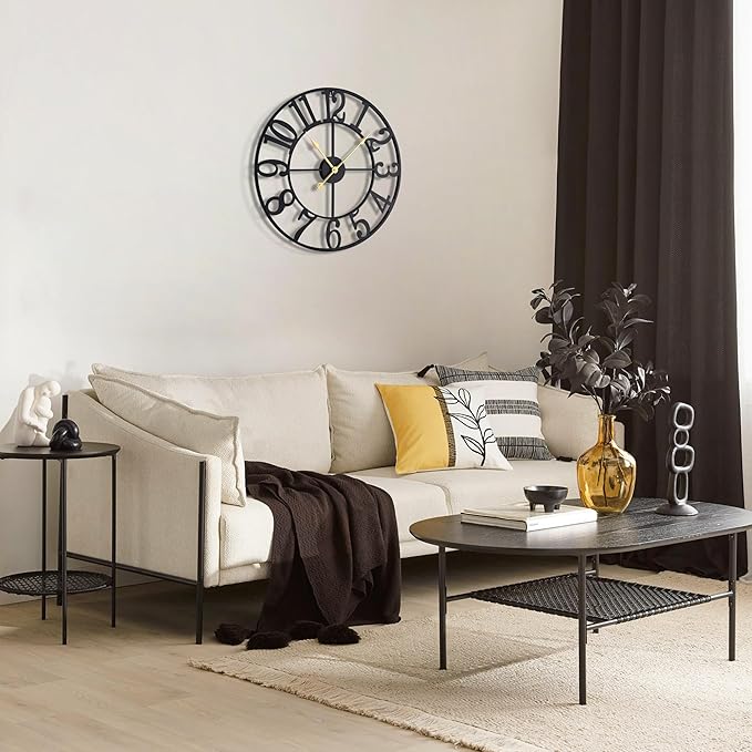Large Wall Clocks for Living Room Decor, 16 Inch Round Black Metal Silent Non Ticking Battery Operated Jumbo Numerals Modern Vintage Decorative Clock Wall for Bedroom,Kitchen,Office,Farmhouse