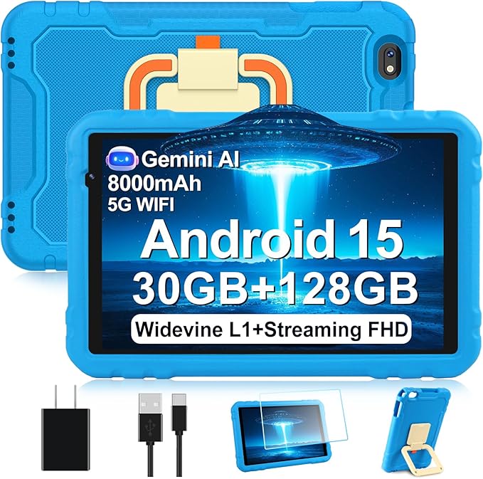 2025 Tablet 10 inch Android 15 Tablets 30GB RAM 128GB ROM 1TB Expand, 8000mAh Octa-Core Tablet with Drop-proof Case, Gemini AI, HD IPS Display, GPS, 5G WIFI, Split-screen, Widevine L1 -Metal Blue