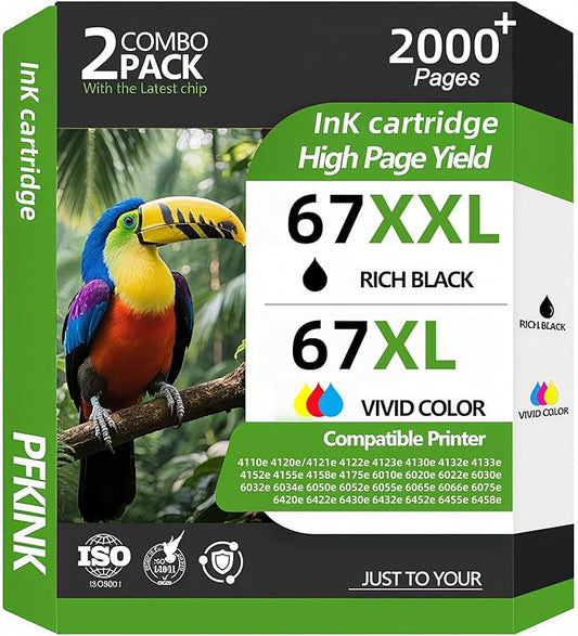67XXL Ink Cartridge Replacement for Ink 67, 67xl Ink Cartridges Combo Pack Compatible with deskjet 4100 4100e 4152e 4155 4155e Envy 6000 6055e 6055 6400 6458 6458e 6452 6455e Printer(2PACK)