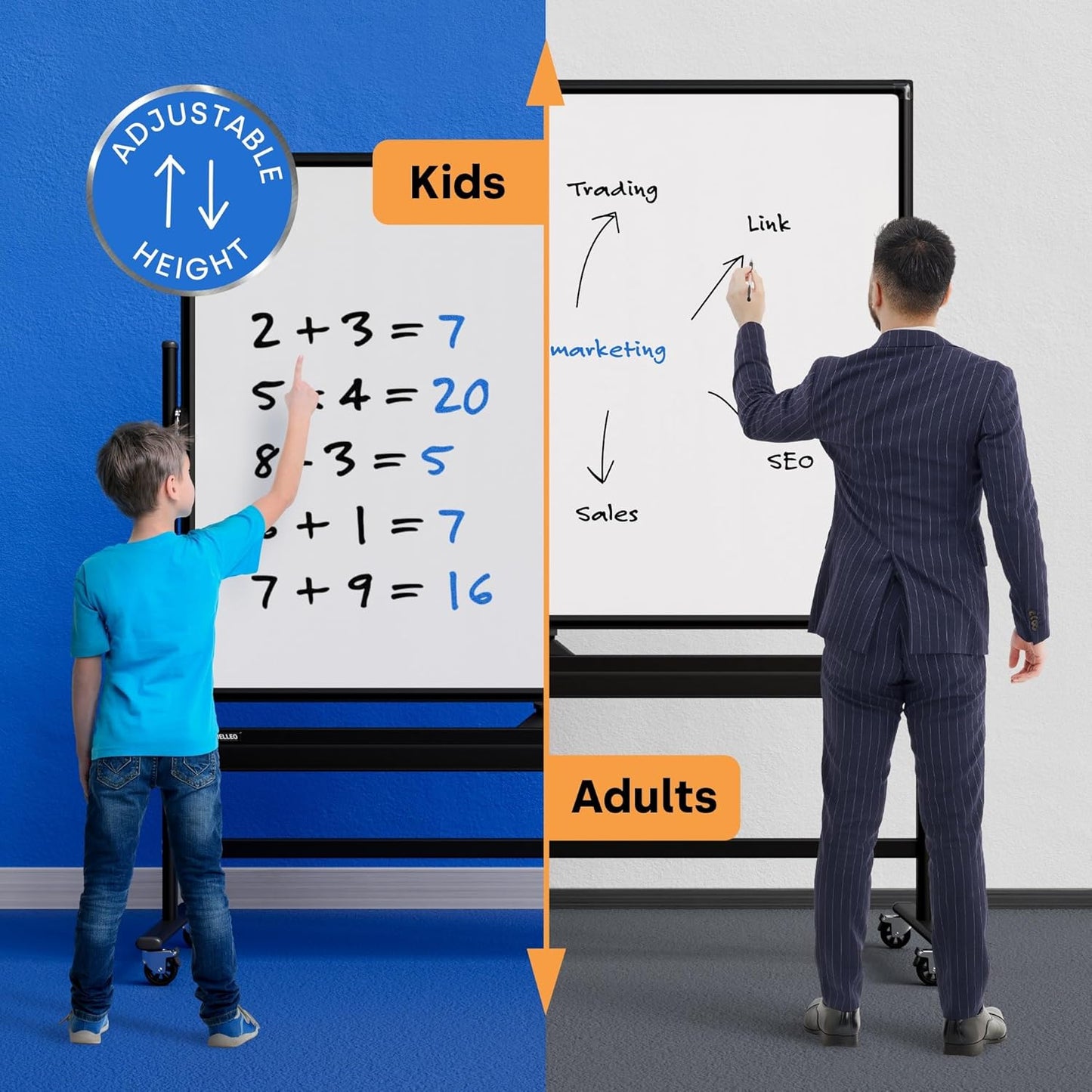 Rolling Dry Erase Board 60 x 46 - Large Portable Magnetic Whiteboard with Stand - Double Sided Easel Style with Wheels - Mobile Standing Whiteboard for Office, Classroom & Home