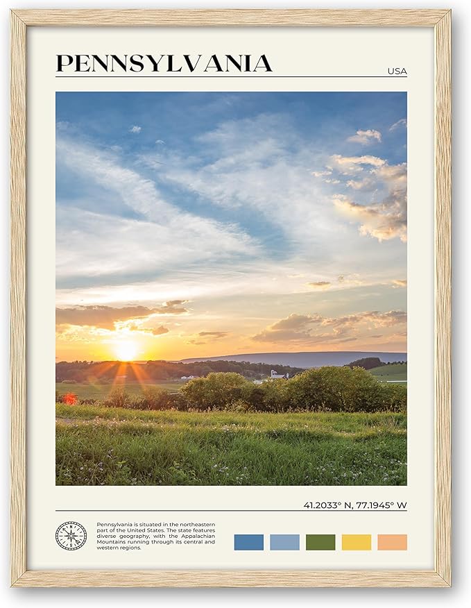 HesenDot Natural OAK Wood Framed Pennsylvania Wall Art,12x16in Appalachian Mountains Scenery Canvas Wall Print,Classic Urban Landmark Wall Decor for Living Room, Bedroom,Office Gallery Set of 1