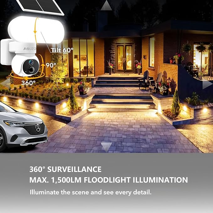 Solar Floodlight Camera with 1500LM Bright Lights-2K Wireless Outdoor Security PT Cam, Motion Activated Color Night Vision Illuminates Entire Yard & Driveway, No Monthly Fee, 64GB SD Card Included