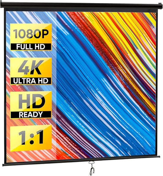 Smartxchoices 120" HD Manual Projector Screen 1:1 Format with Auto Lock Anti-Crease Home Theater Office Wall Mounted Ceiling Pull Down Projection 1.1 Gain Matte Black,View Size: 84 x 84 inches