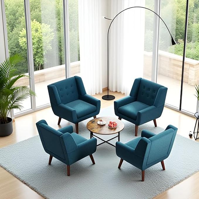 HUIMO Button-Tufted Accent Chairs,Upholstered Reading Living Room Chair,Mid Century Modern Chair with Linen Fabric, Club Chair,Comfy Arm Chairs for Living Room,Bedroom Lake Blue