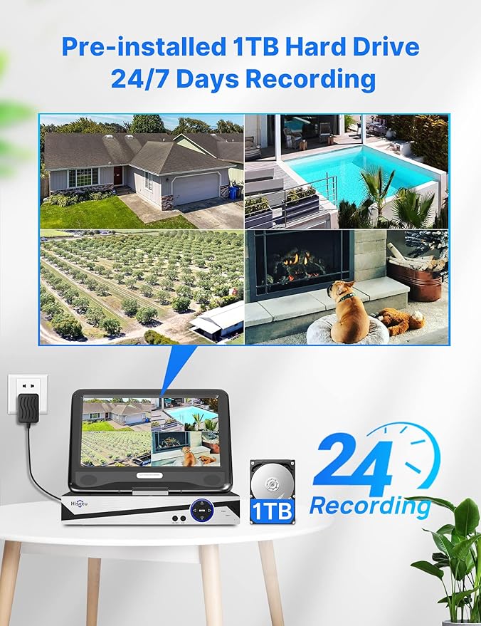 [10CH Expandable] Hiseeu Wireless Security Camera System with 10in LCD 4K Monitor, 4Pcs 5MP Outdoor Indoor Cameras with One-Way Audio, Waterproof, Motion Detect, 1TB HDD/Cloud Storage
