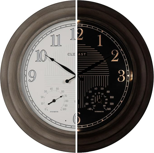 CLXEAST 24 Inch Self-Illuminated in/Outdoor Atomic Wall Clock with Temperature and Humidity, Oversized Large 24 Inch Wall Clocks for Living Room Decor, Brushed Grey Oak Wooden Finish