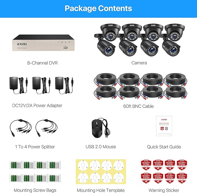 ZOSI 8CH 5MP Lite Security Camera System Outdoor,H.265+ 8 Channel 5MP Lite Video DVR Recorder and 8X1920TVL Weatherproof Home CCTV Cameras,80ft Night Vision,Motion Alert,Remote Access,NO Hard Drive