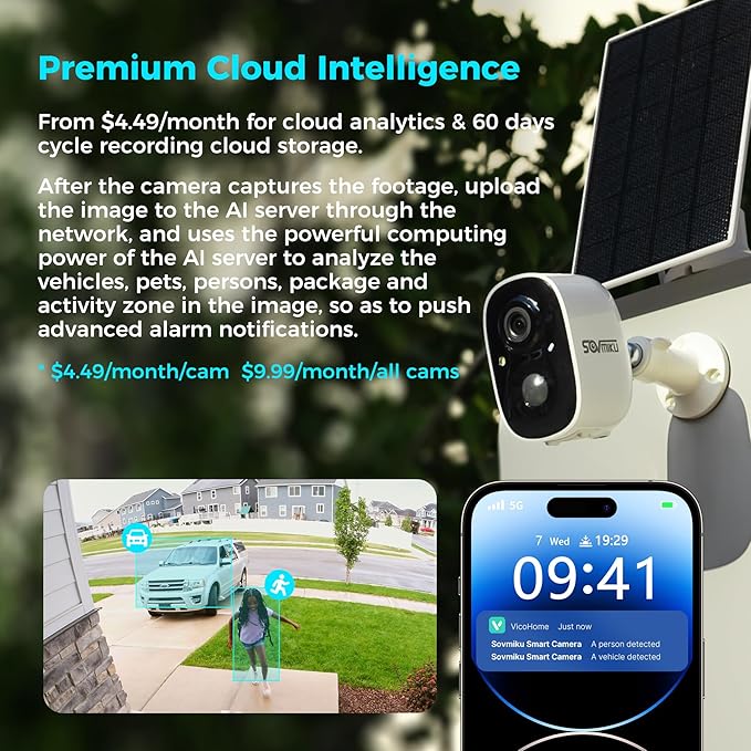 SOVMIKU 4CG6 Best 2K Solar Security Camera Wireless Outdoor, Battery Powered Camera, Easy to Setup, Motion Detection, Two Way Audio, Audible Flashlight Alarm,2.4GHz Wi-Fi, Color Night Vision, SD Slot