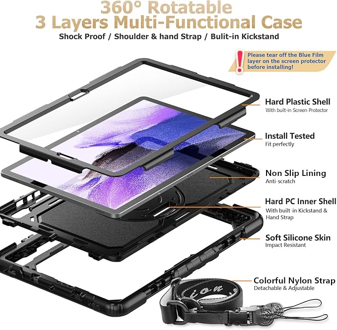 SEYMAC stock Case for Samsung Galaxy Tab S7 FE / S8 Plus 5G Case 12.4'' with Screen Protector Pencil Holder [360 Rotating Hand Strap] &Stand, Drop-Proof, Black