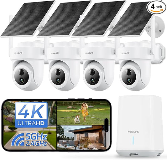 MUBILIFE 4K Security Cameras Wireless Outdoor, No Subscription, 8MP Solar Powered Cameras for Home Security, 64GB Local Storage, AI Auto Tracking, Color Night Vision, 2.4&5GHz WiFi, 4-Cam Kit