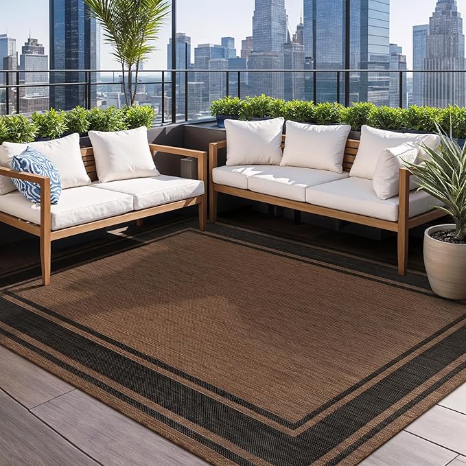 Beverly Rug Large Outdoor Rug 9x12 Modern Bordered Area Rugs for Indoor and Outdoor Patio Deck Porch Garden Waterproof Weather Sun Resistant Washable Outside Carpet (9 x 12 Gold)