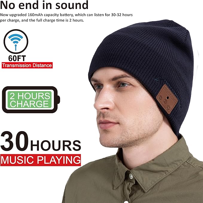 Bluetooth Beanie, Bluetooth 5.2 Wool Hat HD Stereo,30 Hours Play time,Built-in Microphone, Men's/Women's Christmas Electronic Gift (Blue)