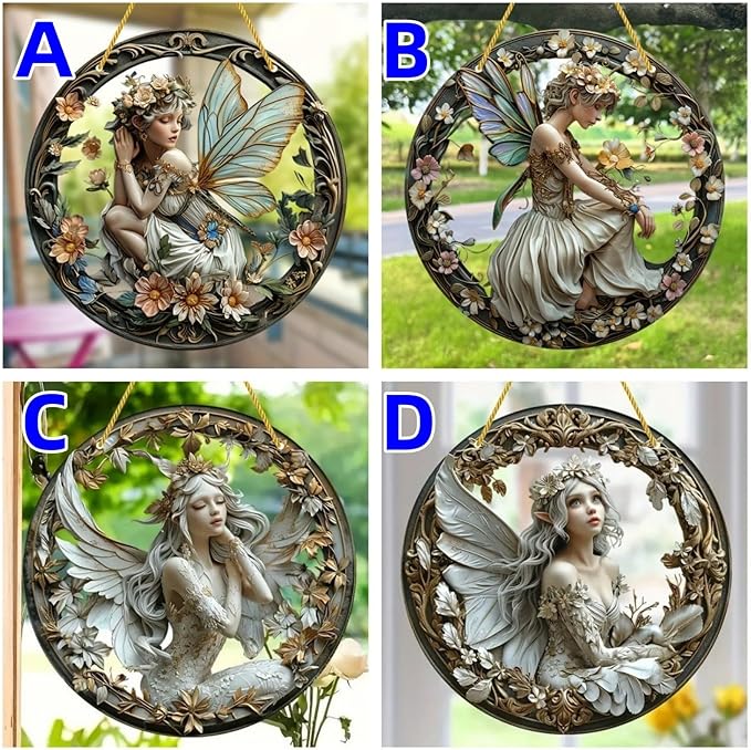 Flower Fairy Garden Decorations Angel Wing Christmas Halloween Deco Statue Art Elf Sculpture Hanging Craft for Outdoor Yard Courtyard Lawn Patio Window Acrylic Ornament Home Gift (B,S: 6*6 IN)