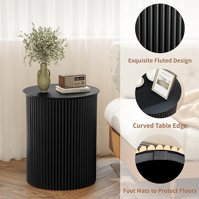 AVZEAR Small Round Side Table Fluted Night Stand Set of 2, 17.7" Mid Century Modern End Table, Circle Bedside Tables Wood Nightstands for Small Spaces, Living Room, Bedroom(Black)