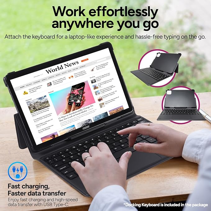 Fusion5 10.1" Android Tablet with Keyboard - Octa-core CPU, Android 13, 8GB RAM 128GB Storage, Full HD, 10 Inch, Touchscreen, Dual-Band WiFi, Dual Cameras, USB Type C, Fast Charging, Slim & Stylish