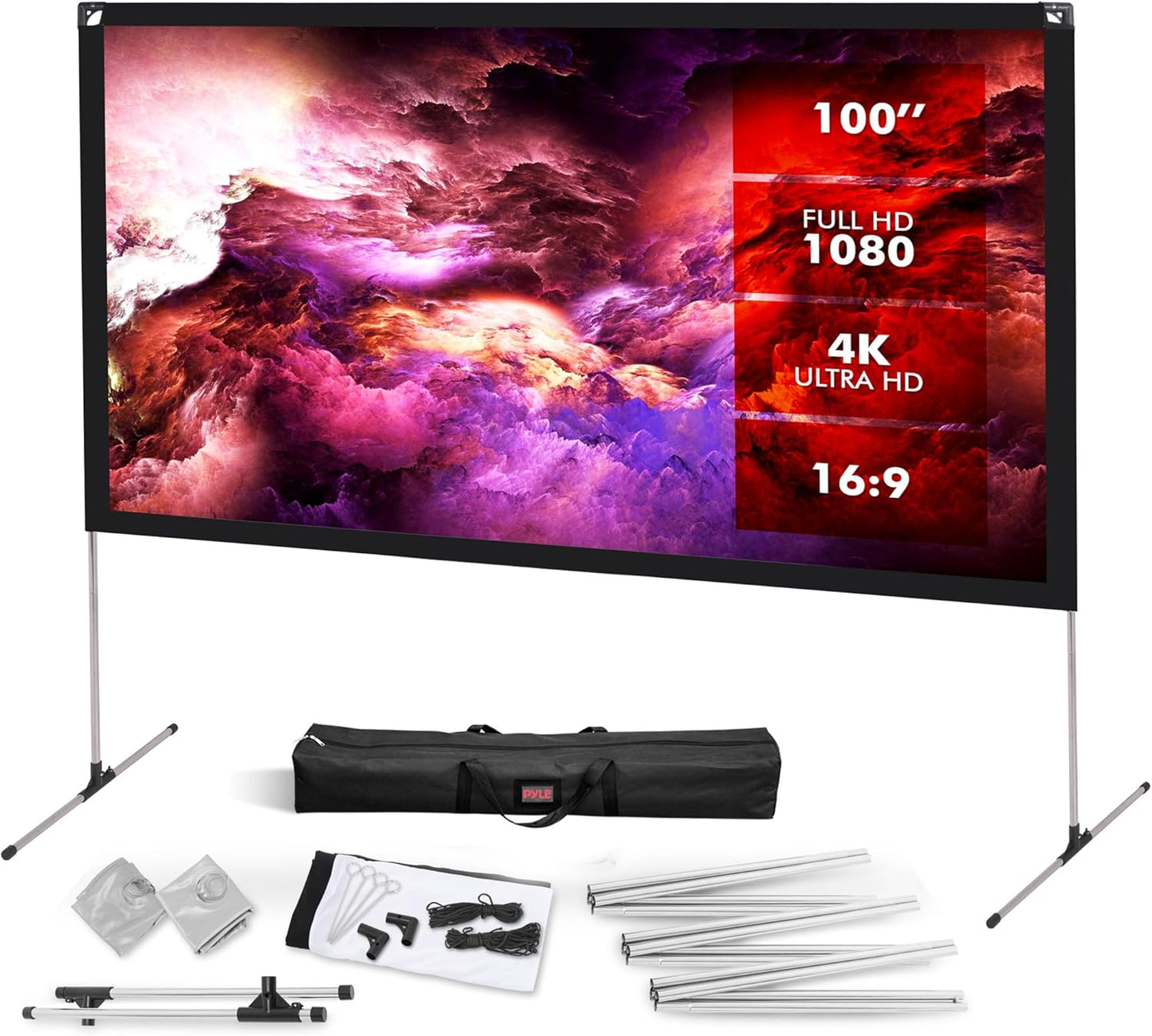 Pyle Projector Screen with Stand - 100" 16:9 HD 4K Portable Lightweight Freestanding Foldable Indoor Outdoor Movie Projection Display with Frame for Home Theater