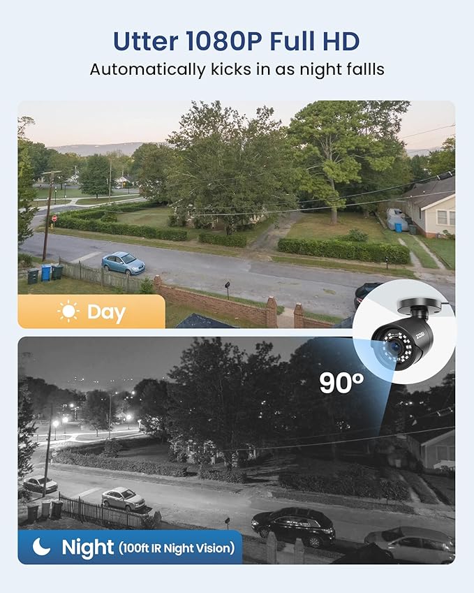 ZOSI H.265+ 1080p 16 Channel Home Security Camera Outdoor Indoor, 16CH CCTV DVR with AI Human Vehicle Detection and 8 x 1080p Surveillance Bullet Camera, 100ft Night Vision, 90° View Angle, 2TB HDD