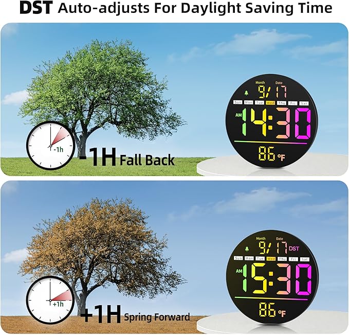 Digital Wall Clock, 8'' Round Digital Clock with Large Display, 11RGB Colors,Remote Control, Auto-Brightness,Temperature,DST,Night Light, Alarm, Count Down Timer for Classroom/Bedroom/Office