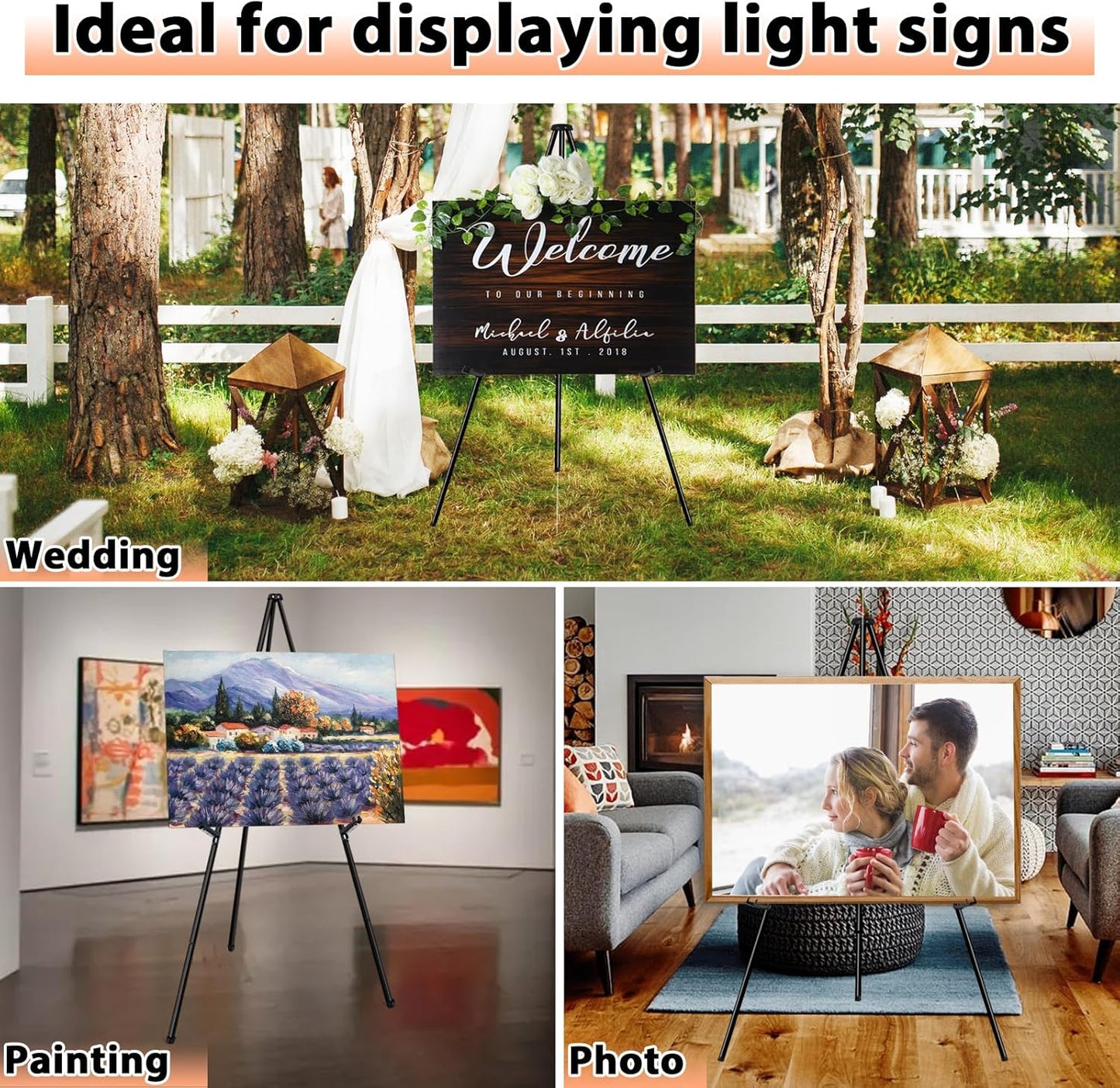 Instant Display Easel Stand, 63" Collapsible Portable Adjustable Height Art Easel - Easy Folding Telescoping Metal Floor Poster Tripod for Display, Black(3 Pack)