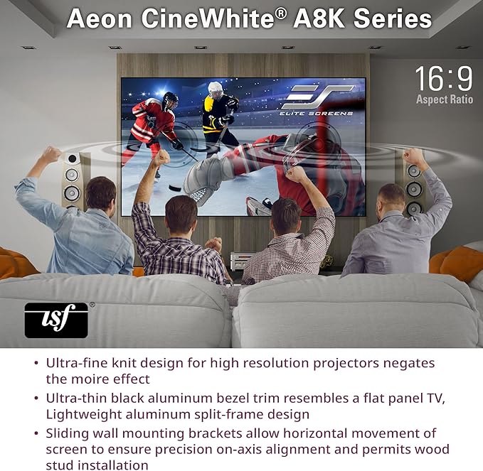 Elite Screens Aeon CineWhite A8K, 103" Diag, 16:9 Aspect Ratio, ISF Certified 8K Ultra HD Home Theater Fixed Frame Edge Free Projection Sound Transparent Perforated Weaved Screen, AR103H-A8K