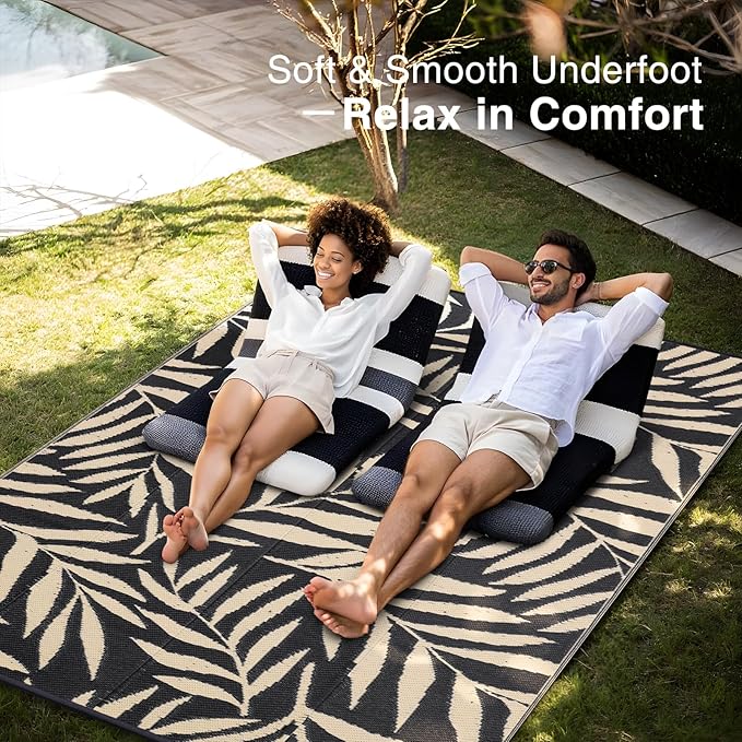 OLANLY Waterproof Outdoor Rug 8x10 ft, Reversible Outdoor Plastic Straw Rug with Leaf Pattern, RV Mat, Indoor Outdoor Carpet for Patio, Camping, Balcony, Deck, Backyard, Black & Beige