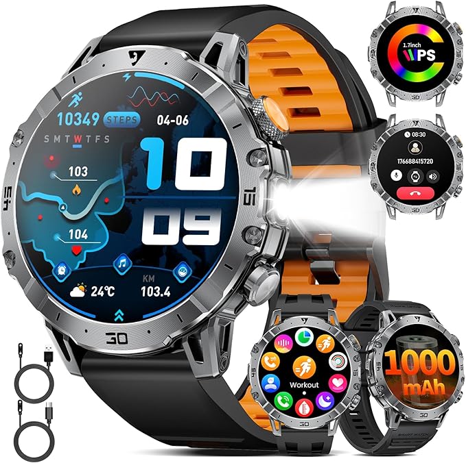 LIGE Smart Watches for Men 1000mAh Battery/LED Flashlight/3 Straps, 1.7" Ultra HD Screen Outdoor Smartwatch with 111 Sports Modes, Bluetooth Call 5ATM Waterproof Fitness Tracker Android iOS,Silicone