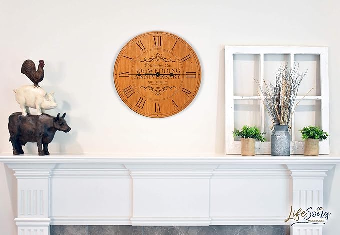 LifeSong Milestones Personalized 70th Anniversary Engraved Cherry Wall or Desktop Clock for Living Room Bedroom, Kitchen, Office, New Home, Couples Gift 12 Inch Diameter (Celebrating Our)