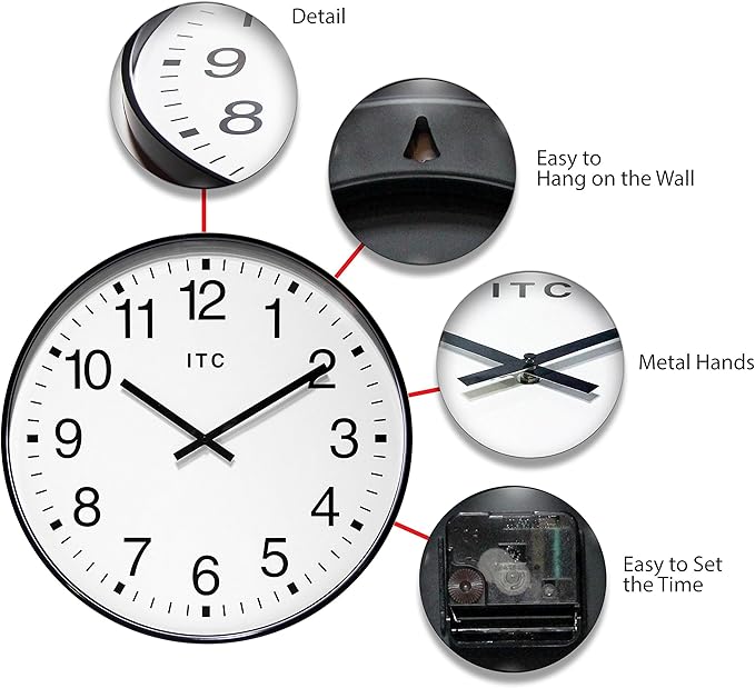 Infinity Instruments 19 inch Large Round Non-Ticking Silent Battery Operated Easy to Read Clock for Office, Classroom, School, Black