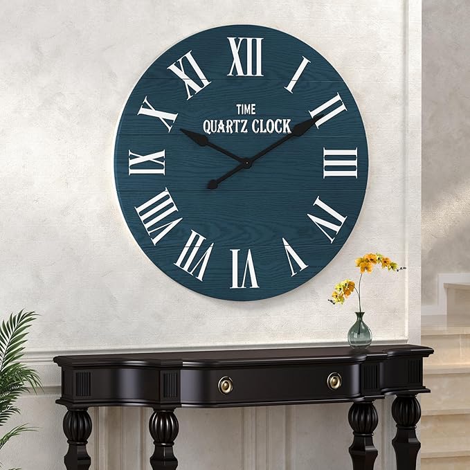 ARTPOWER Large Farmhouse Wall Clock, 35.5” Shiplap Wall Clock with Roman Numeral, Nearly Non-Ticking, Round Wall Clocks for Living Room Decor, Office, Bedroom, Entrance, Navy Blue