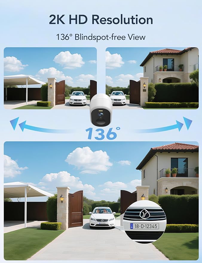 GNCC Solar Security Cameras Wireless Outdoor, 2K Outdoor Battery Camera, Color Night Vision, SD/Cloud Storage, Alarm Detection, 2.4 & 5GHz WiFi, Easy to Install, Manually Adjust View